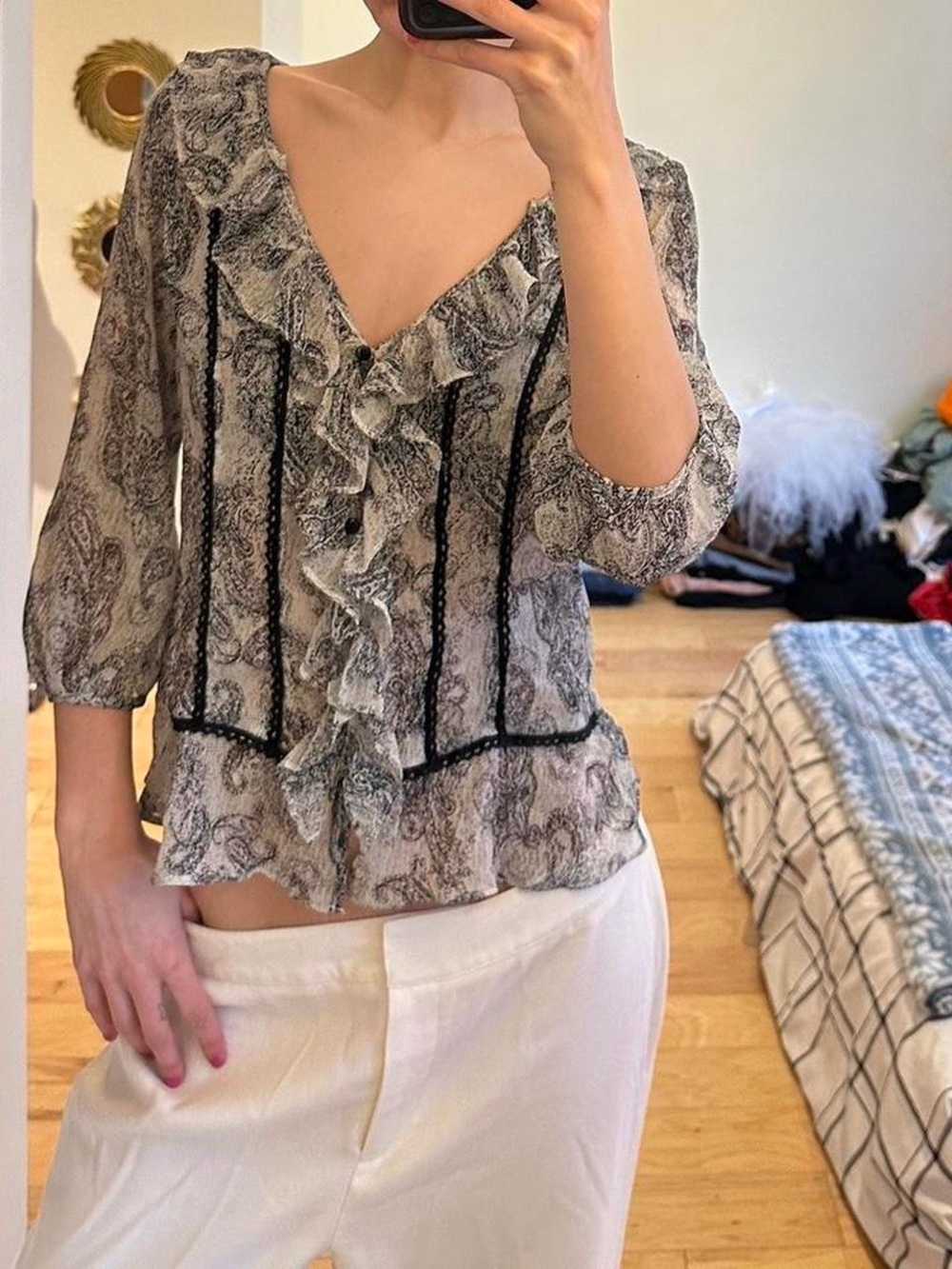 Romy Sheer Ruffled V-Neck Blouse in Gray and Black